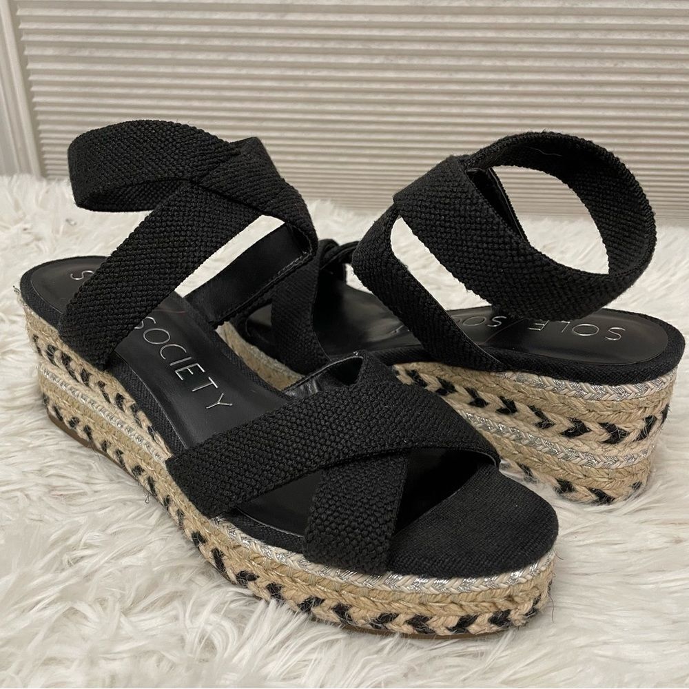 Sole Society Carmelina Espadrille Wedge Sandals Black Ankle strap Size 7.5M/ 38